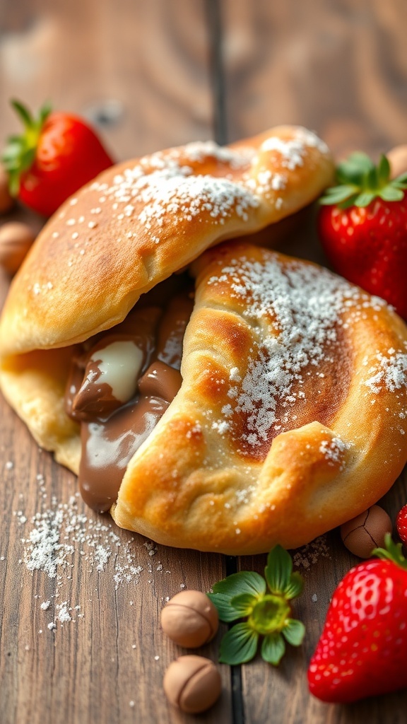 Nutella stuffed pita bread with powdered sugar, fresh strawberries, and hazelnuts on a wooden table.